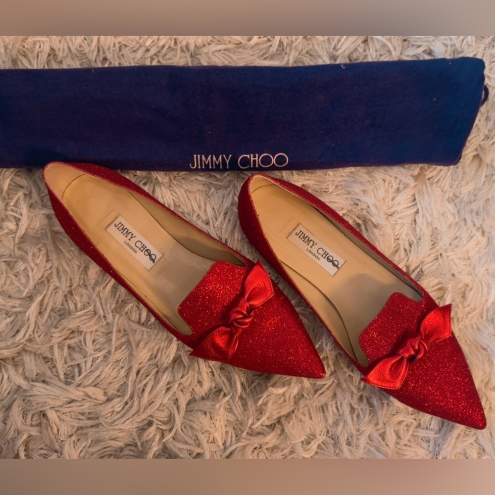Jimmy Choo Sparkling Red Flats with Bow